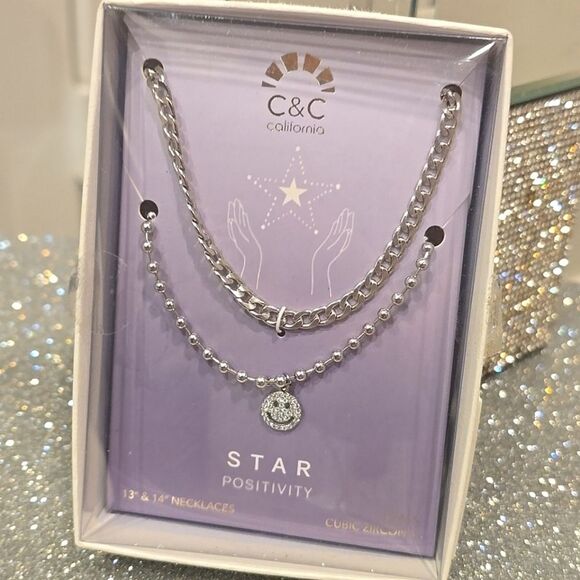 C & C California Positivity Rhinestone Smiley Face Necklace Set - Picture 2 of 6